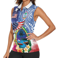 Guam and United States Together Women Sleeveless Polo Shirt Bald Eagle and Guam Seal with Flower and Tribal Tattoos - Wonder Print Shop