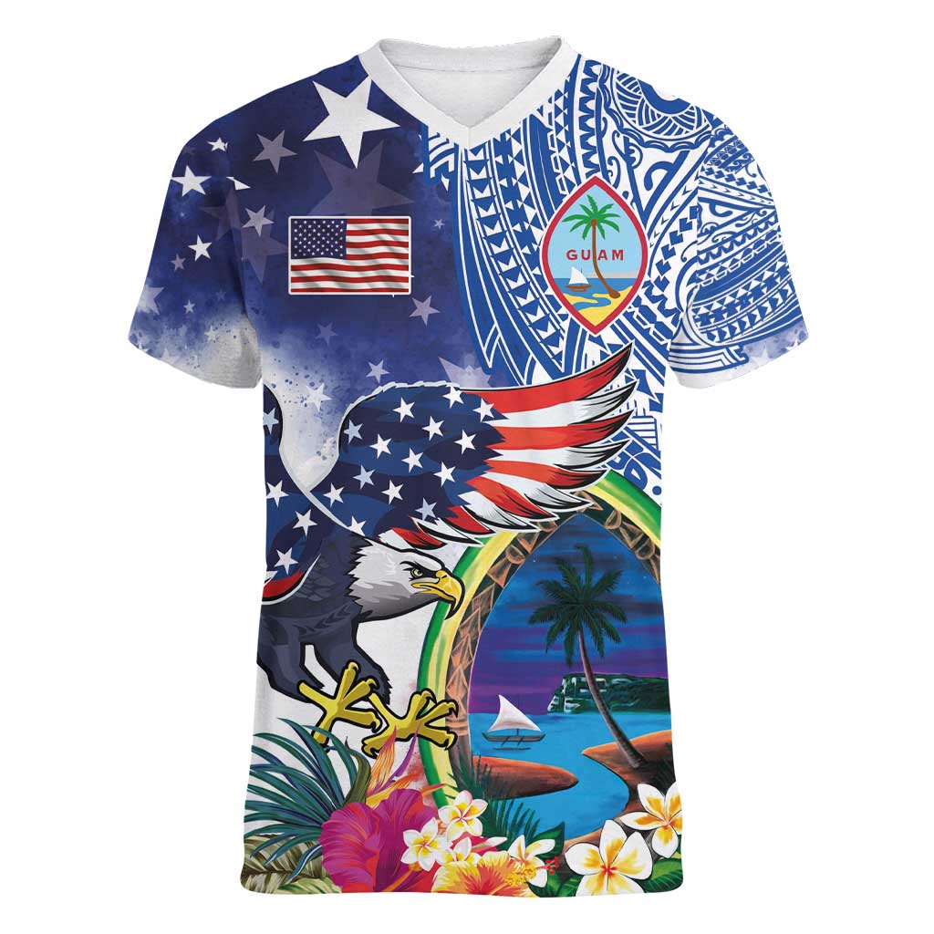 Guam and United States Together Women V-Neck T-Shirt Bald Eagle and Guam Seal with Flower and Tribal Tattoos - Wonder Print Shop