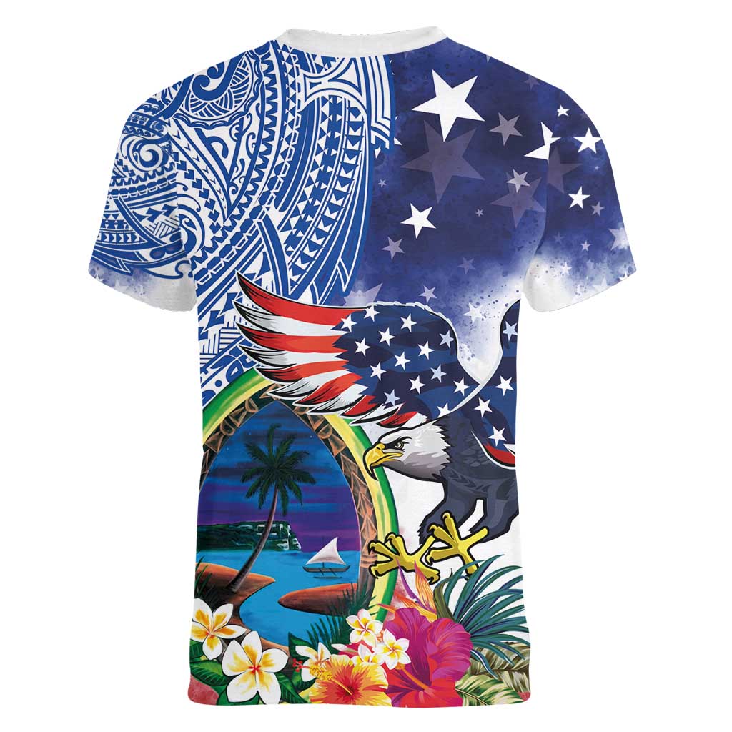 Guam and United States Together Women V-Neck T-Shirt Bald Eagle and Guam Seal with Flower and Tribal Tattoos - Wonder Print Shop