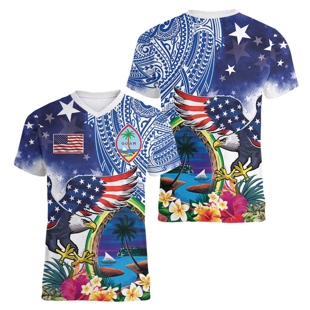 Guam and United States Together Women V-Neck T-Shirt Bald Eagle and Guam Seal with Flower and Tribal Tattoos - Wonder Print Shop