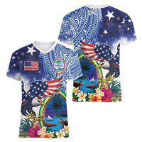Guam and United States Together Women V-Neck T-Shirt Bald Eagle and Guam Seal with Flower and Tribal Tattoos - Wonder Print Shop