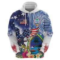 Guam and United States Together Zip Hoodie Bald Eagle and Guam Seal with Flower and Tribal Tattoos - Wonder Print Shop