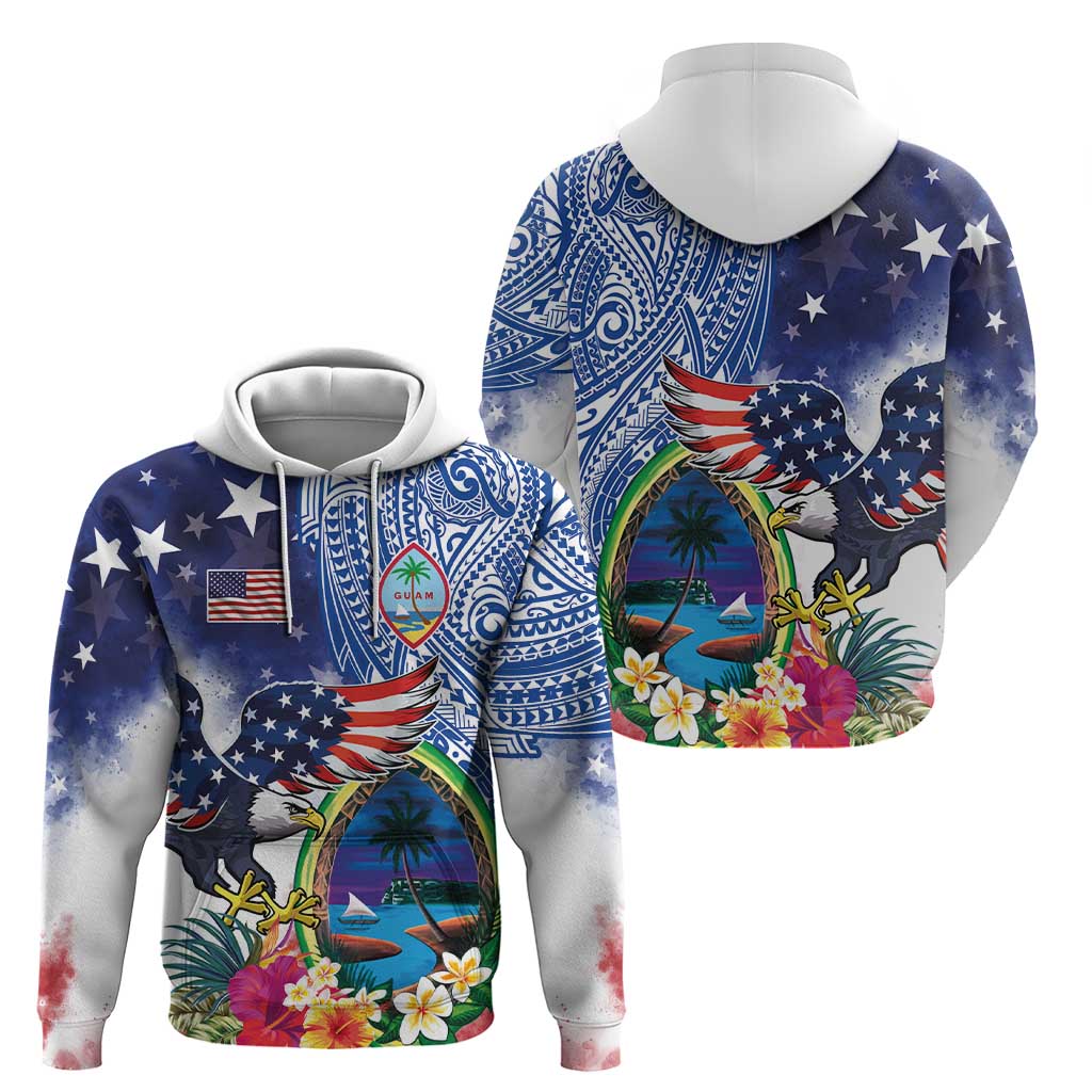 Guam and United States Together Zip Hoodie Bald Eagle and Guam Seal with Flower and Tribal Tattoos - Wonder Print Shop