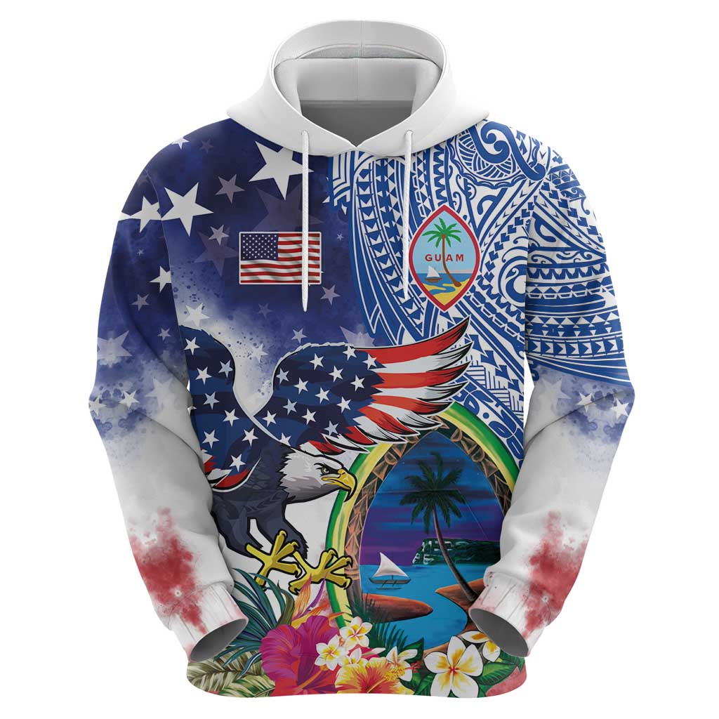 Guam and United States Together Zip Hoodie Bald Eagle and Guam Seal with Flower and Tribal Tattoos - Wonder Print Shop