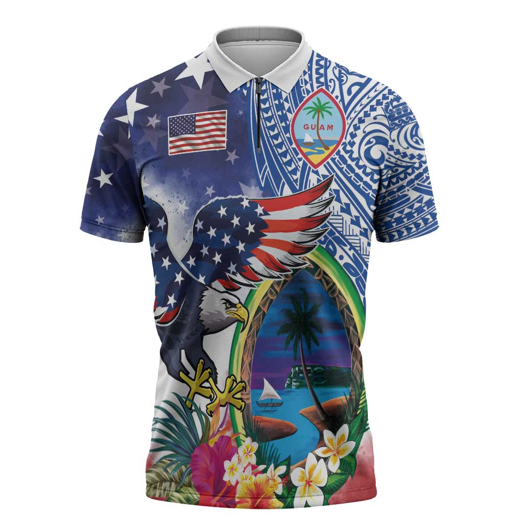 Guam and United States Together Zipper Polo Shirt Bald Eagle and Guam Seal with Flower and Tribal Tattoos - Wonder Print Shop