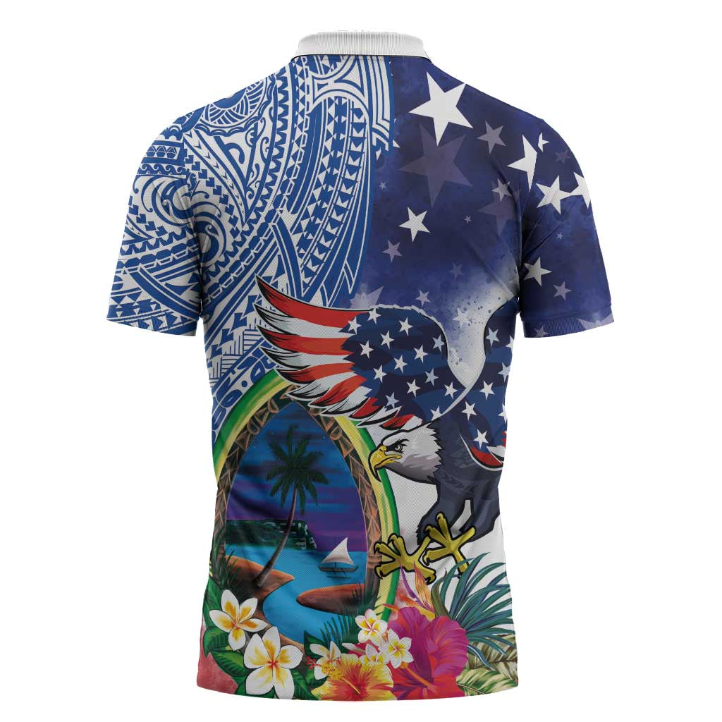 Guam and United States Together Zipper Polo Shirt Bald Eagle and Guam Seal with Flower and Tribal Tattoos - Wonder Print Shop