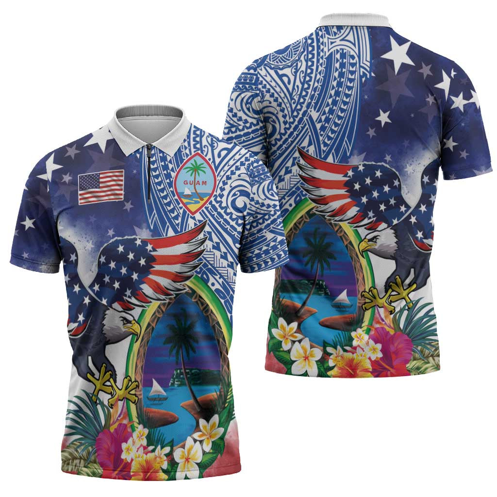 Guam and United States Together Zipper Polo Shirt Bald Eagle and Guam Seal with Flower and Tribal Tattoos - Wonder Print Shop