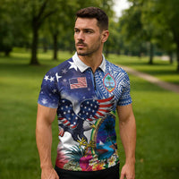 Guam and United States Together Zipper Polo Shirt Bald Eagle and Guam Seal with Flower and Tribal Tattoos - Wonder Print Shop
