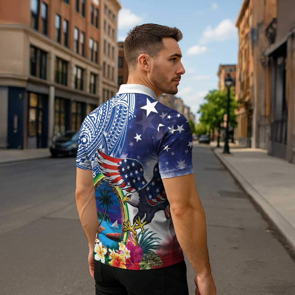 Guam and United States Together Zipper Polo Shirt Bald Eagle and Guam Seal with Flower and Tribal Tattoos - Wonder Print Shop