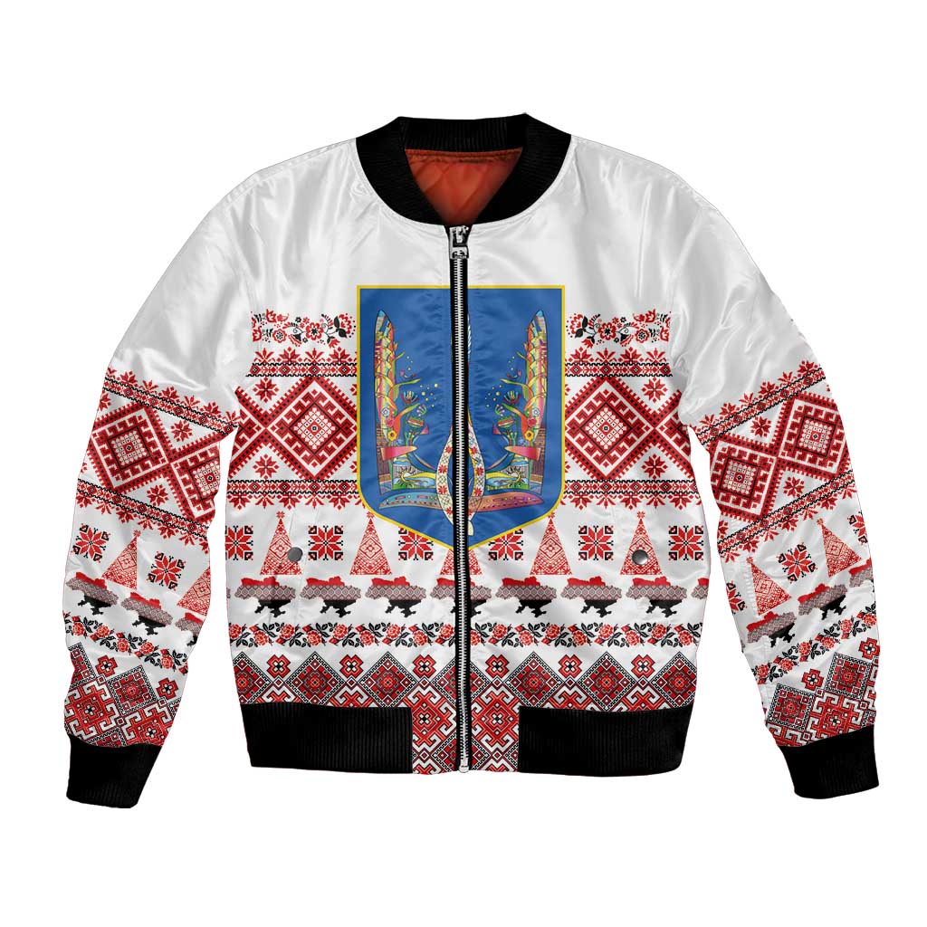 Ukraine Merry Christmas Bomber Jacket Ukraine Emblem and Vyshyvanka Xmas Style - Wonder Print Shop