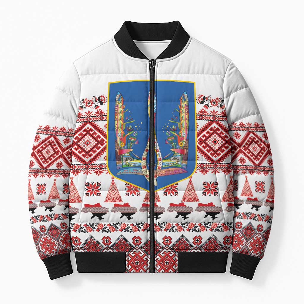Ukraine Merry Christmas Bomber Puffer Jacket Ukraine Emblem and Vyshyvanka Xmas Style - Wonder Print Shop