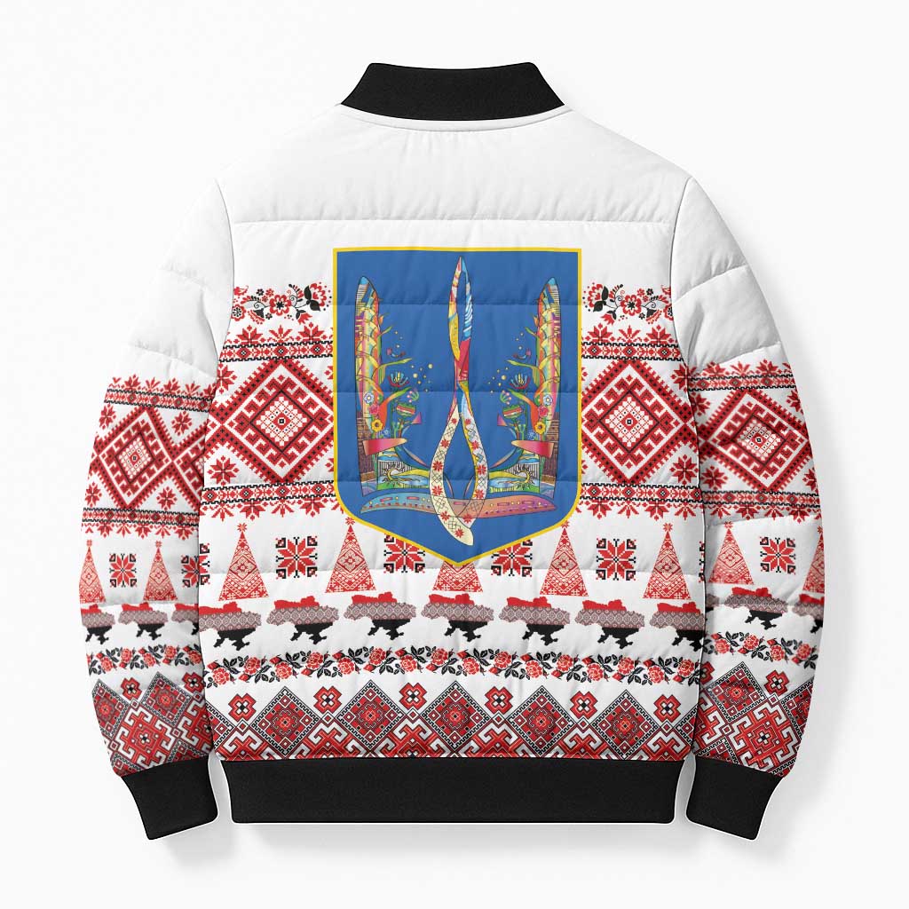 Ukraine Merry Christmas Bomber Puffer Jacket Ukraine Emblem and Vyshyvanka Xmas Style - Wonder Print Shop