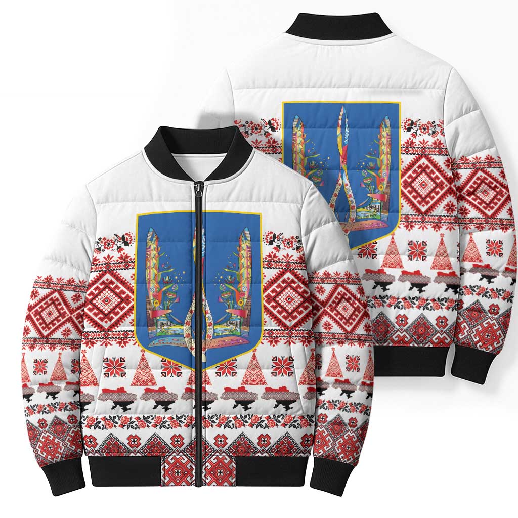 Ukraine Merry Christmas Bomber Puffer Jacket Ukraine Emblem and Vyshyvanka Xmas Style - Wonder Print Shop