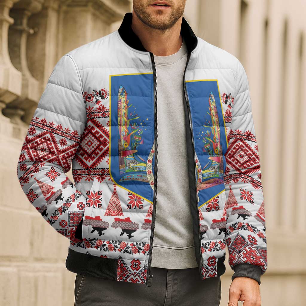 Ukraine Merry Christmas Bomber Puffer Jacket Ukraine Emblem and Vyshyvanka Xmas Style - Wonder Print Shop