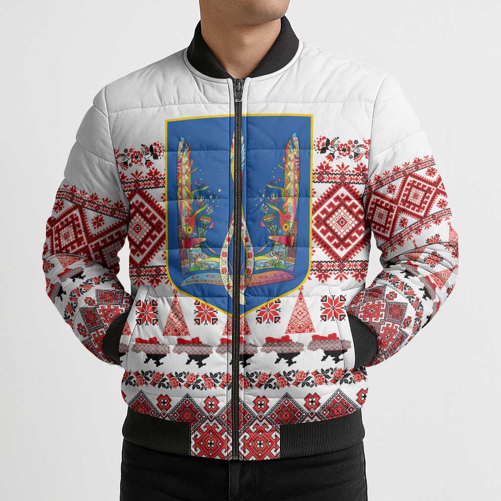 Ukraine Merry Christmas Bomber Puffer Jacket Ukraine Emblem and Vyshyvanka Xmas Style - Wonder Print Shop