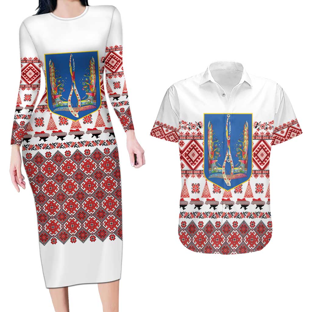 Ukraine Merry Christmas Couples Matching Long Sleeve Bodycon Dress and Hawaiian Shirt Ukraine Emblem and Vyshyvanka Xmas Style - Wonder Print Shop