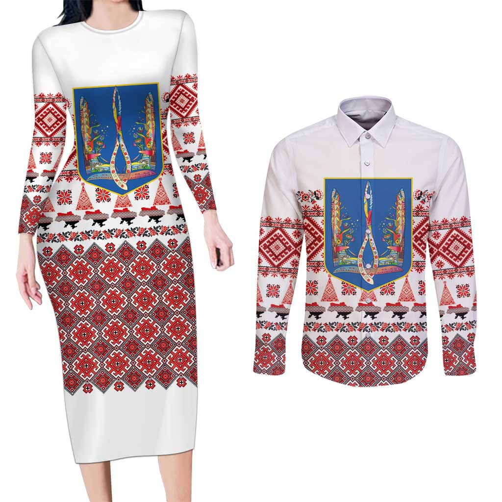 Ukraine Merry Christmas Couples Matching Long Sleeve Bodycon Dress and Long Sleeve Button Shirt Ukraine Emblem and Vyshyvanka Xmas Style - Wonder Print Shop