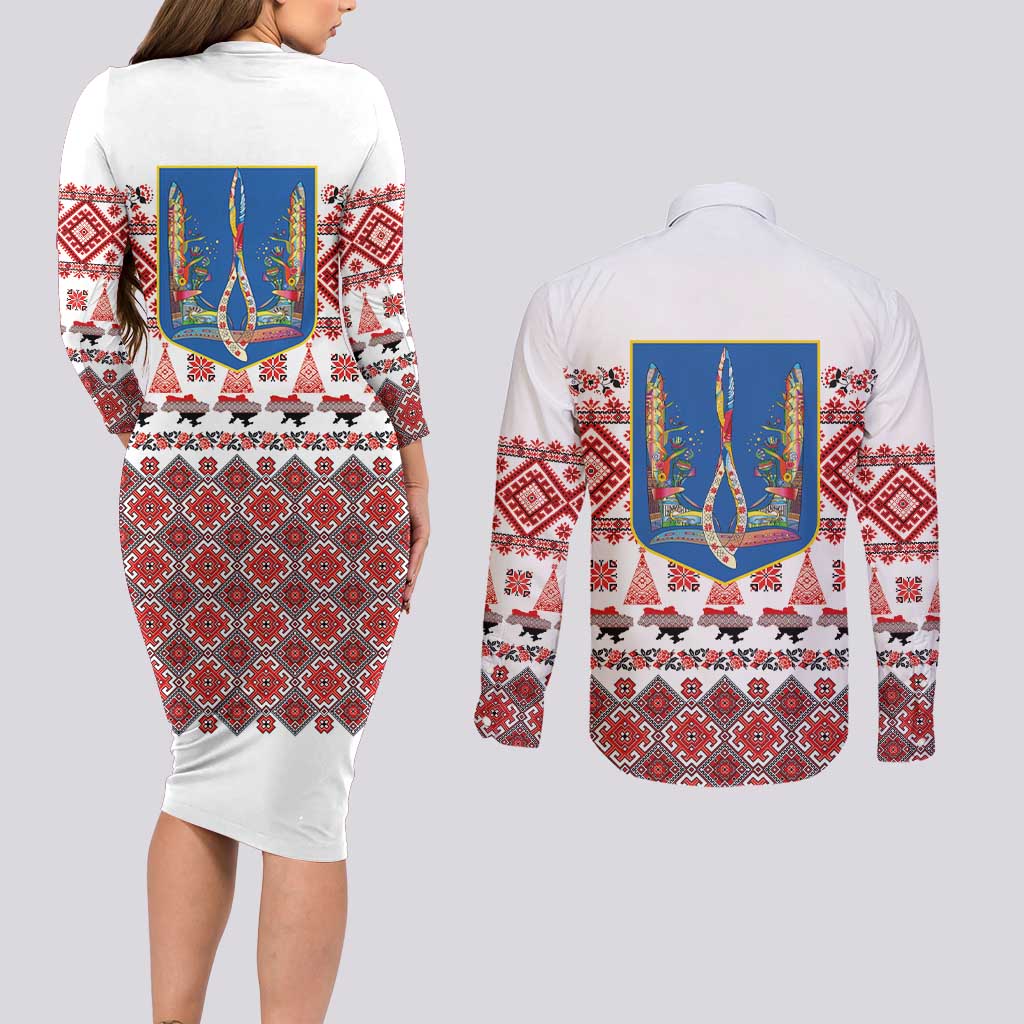 Ukraine Merry Christmas Couples Matching Long Sleeve Bodycon Dress and Long Sleeve Button Shirt Ukraine Emblem and Vyshyvanka Xmas Style - Wonder Print Shop