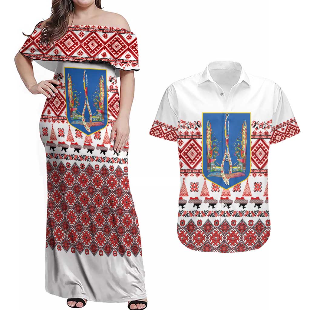 Ukraine Merry Christmas Couples Matching Off Shoulder Maxi Dress and Hawaiian Shirt Ukraine Emblem and Vyshyvanka Xmas Style - Wonder Print Shop
