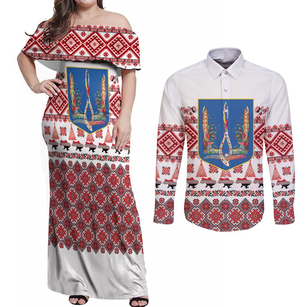 Ukraine Merry Christmas Couples Matching Off Shoulder Maxi Dress and Long Sleeve Button Shirt Ukraine Emblem and Vyshyvanka Xmas Style - Wonder Print Shop