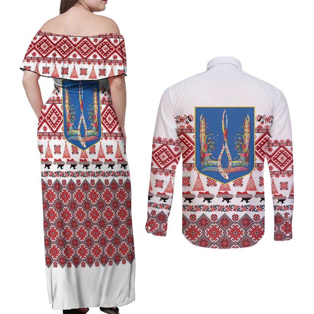 Ukraine Merry Christmas Couples Matching Off Shoulder Maxi Dress and Long Sleeve Button Shirt Ukraine Emblem and Vyshyvanka Xmas Style - Wonder Print Shop