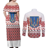 Ukraine Merry Christmas Couples Matching Off Shoulder Maxi Dress and Long Sleeve Button Shirt Ukraine Emblem and Vyshyvanka Xmas Style - Wonder Print Shop