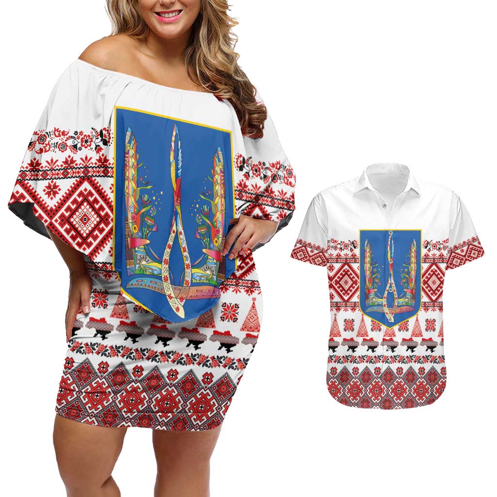 Ukraine Merry Christmas Couples Matching Off Shoulder Short Dress and Hawaiian Shirt Ukraine Emblem and Vyshyvanka Xmas Style - Wonder Print Shop