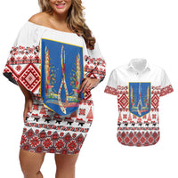 Ukraine Merry Christmas Couples Matching Off Shoulder Short Dress and Hawaiian Shirt Ukraine Emblem and Vyshyvanka Xmas Style - Wonder Print Shop