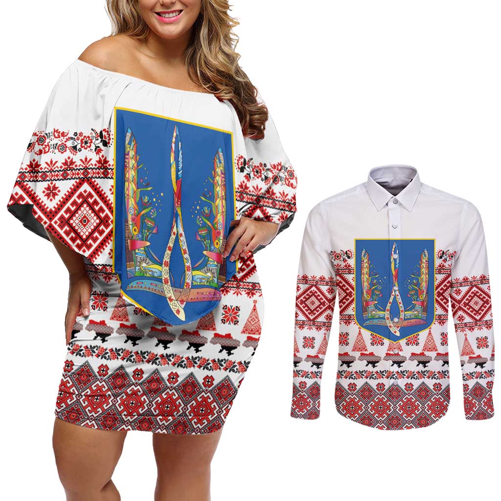 Ukraine Merry Christmas Couples Matching Off Shoulder Short Dress and Long Sleeve Button Shirt Ukraine Emblem and Vyshyvanka Xmas Style - Wonder Print Shop