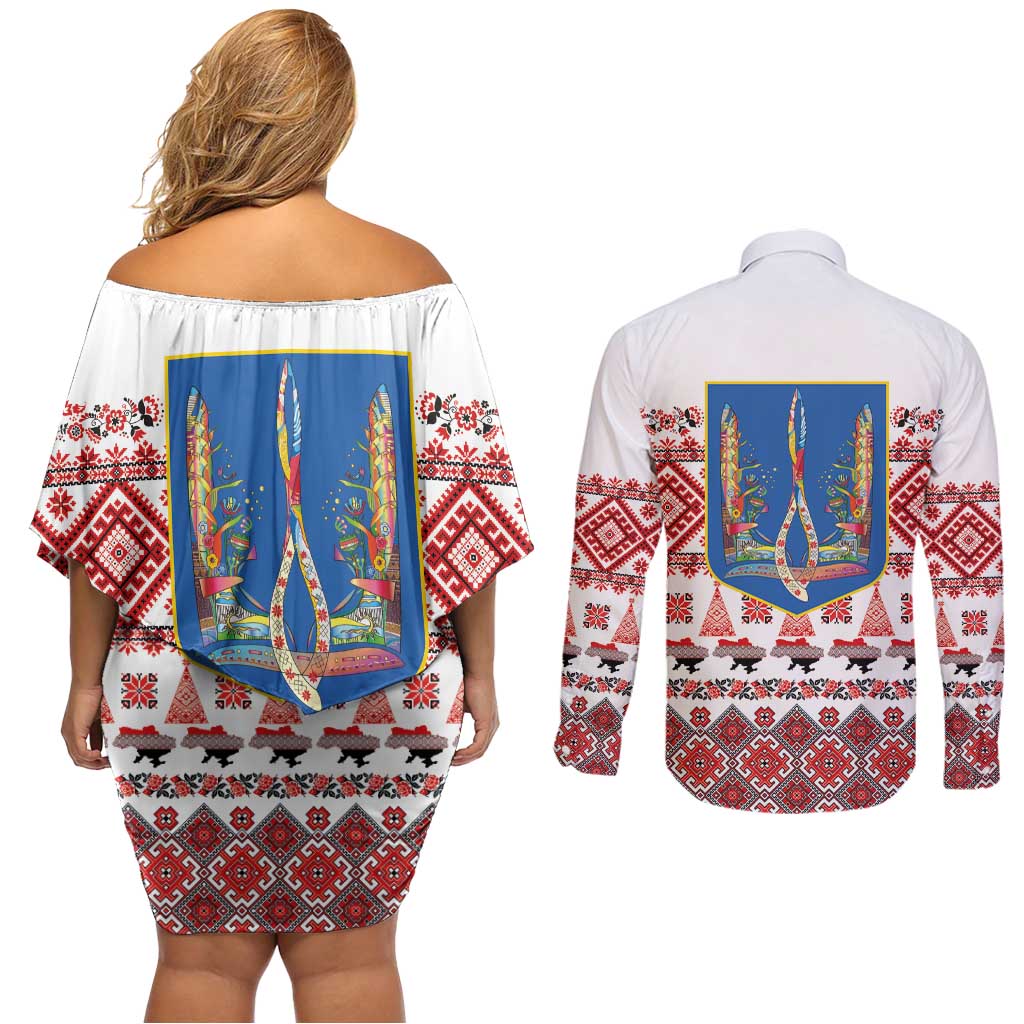Ukraine Merry Christmas Couples Matching Off Shoulder Short Dress and Long Sleeve Button Shirt Ukraine Emblem and Vyshyvanka Xmas Style - Wonder Print Shop