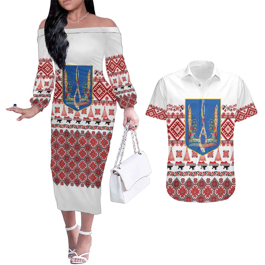 Ukraine Merry Christmas Couples Matching Off The Shoulder Long Sleeve Dress and Hawaiian Shirt Ukraine Emblem and Vyshyvanka Xmas Style - Wonder Print Shop