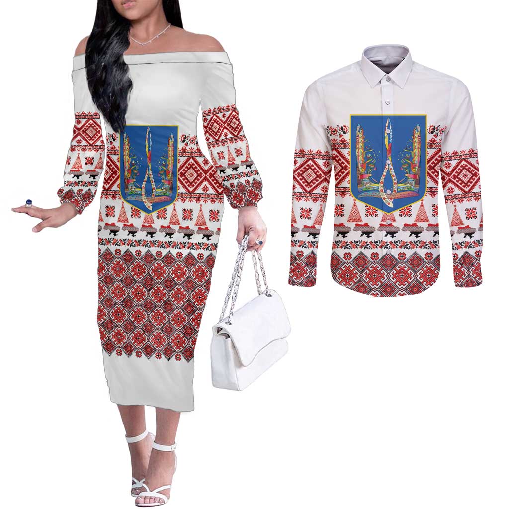 Ukraine Merry Christmas Couples Matching Off The Shoulder Long Sleeve Dress and Long Sleeve Button Shirt Ukraine Emblem and Vyshyvanka Xmas Style - Wonder Print Shop