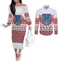 Ukraine Merry Christmas Couples Matching Off The Shoulder Long Sleeve Dress and Long Sleeve Button Shirt Ukraine Emblem and Vyshyvanka Xmas Style - Wonder Print Shop