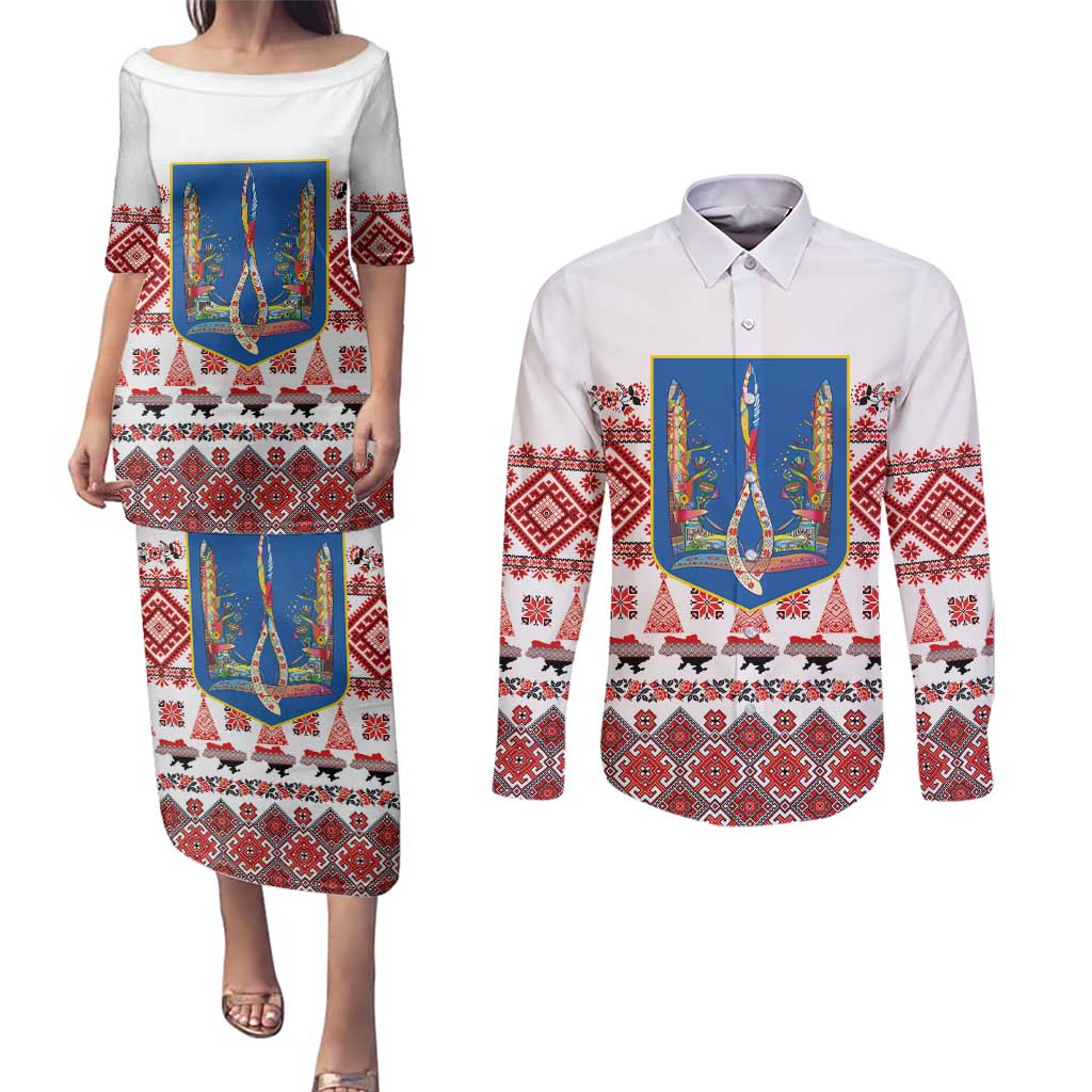 Ukraine Merry Christmas Couples Matching Puletasi and Long Sleeve Button Shirt Ukraine Emblem and Vyshyvanka Xmas Style - Wonder Print Shop
