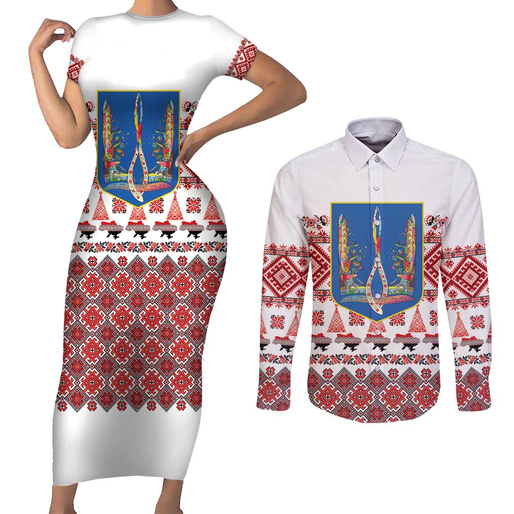 Ukraine Merry Christmas Couples Matching Short Sleeve Bodycon Dress and Long Sleeve Button Shirt Ukraine Emblem and Vyshyvanka Xmas Style - Wonder Print Shop