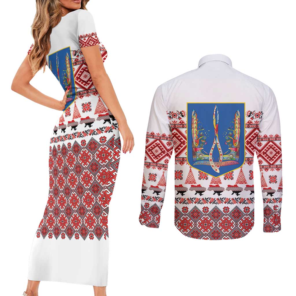 Ukraine Merry Christmas Couples Matching Short Sleeve Bodycon Dress and Long Sleeve Button Shirt Ukraine Emblem and Vyshyvanka Xmas Style - Wonder Print Shop
