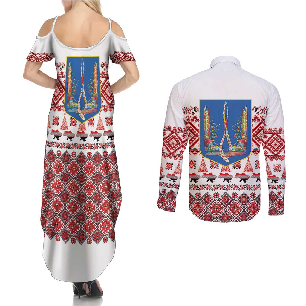 Ukraine Merry Christmas Couples Matching Summer Maxi Dress and Long Sleeve Button Shirt Ukraine Emblem and Vyshyvanka Xmas Style - Wonder Print Shop