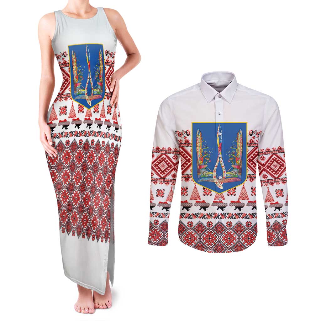 Ukraine Merry Christmas Couples Matching Tank Maxi Dress and Long Sleeve Button Shirt Ukraine Emblem and Vyshyvanka Xmas Style - Wonder Print Shop