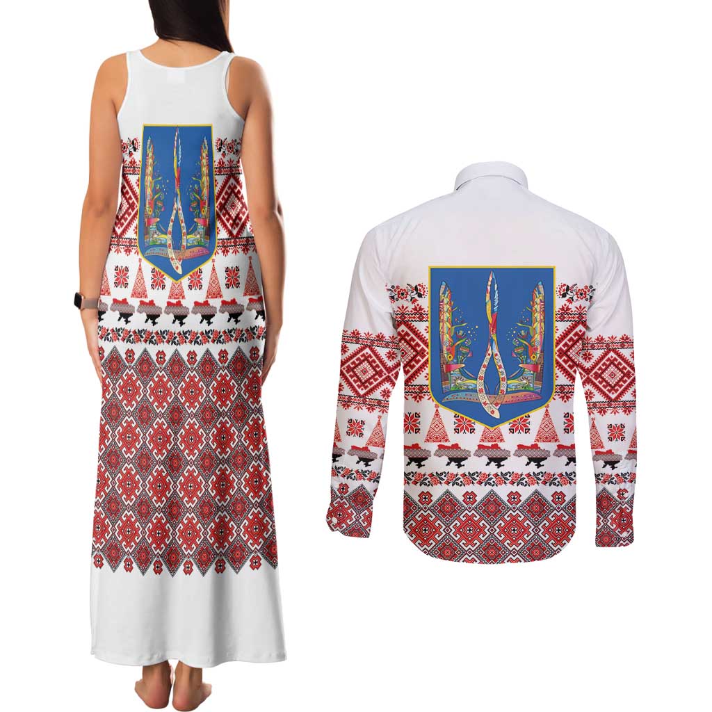 Ukraine Merry Christmas Couples Matching Tank Maxi Dress and Long Sleeve Button Shirt Ukraine Emblem and Vyshyvanka Xmas Style - Wonder Print Shop