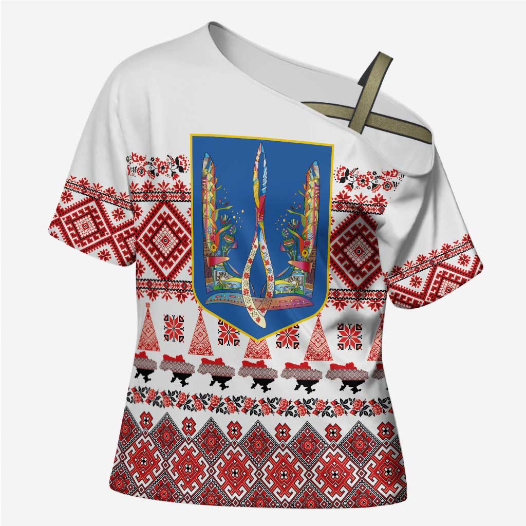 Ukraine Merry Christmas Cross Shoulder Shirt Ukraine Emblem and Vyshyvanka Xmas Style - Wonder Print Shop