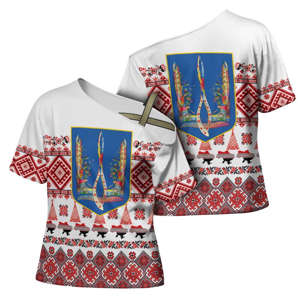Ukraine Merry Christmas Cross Shoulder Shirt Ukraine Emblem and Vyshyvanka Xmas Style - Wonder Print Shop