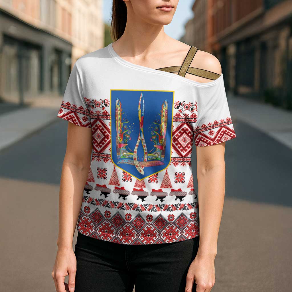 Ukraine Merry Christmas Cross Shoulder Shirt Ukraine Emblem and Vyshyvanka Xmas Style - Wonder Print Shop