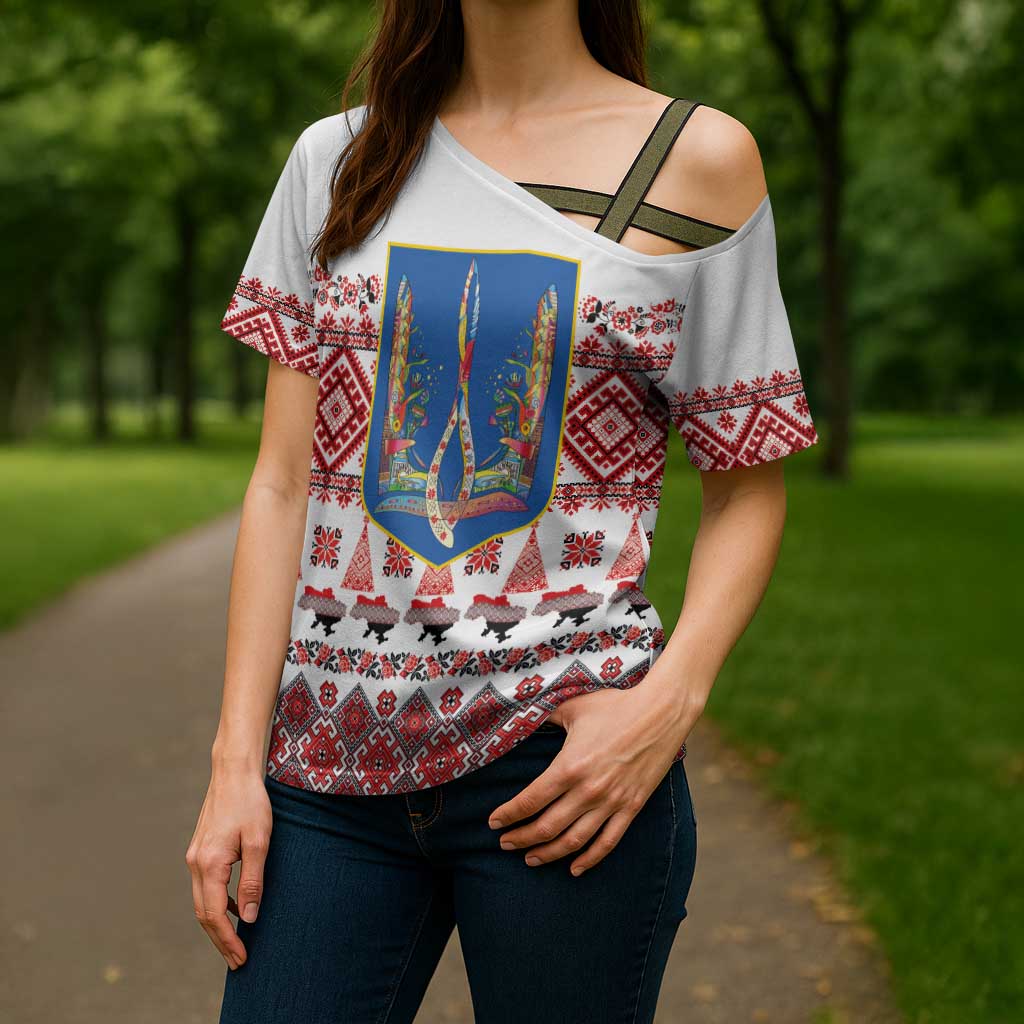 Ukraine Merry Christmas Cross Shoulder Shirt Ukraine Emblem and Vyshyvanka Xmas Style - Wonder Print Shop