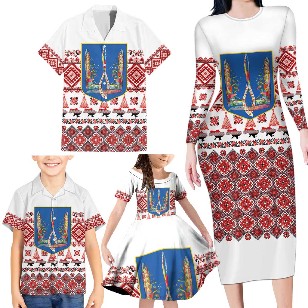 Ukraine Merry Christmas Family Matching Long Sleeve Bodycon Dress and Hawaiian Shirt Ukraine Emblem and Vyshyvanka Xmas Style - Wonder Print Shop