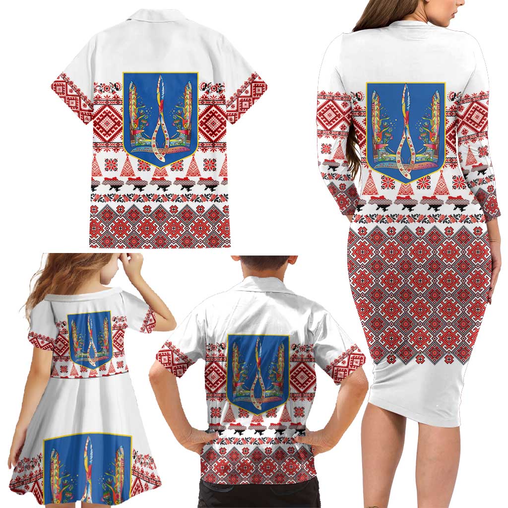Ukraine Merry Christmas Family Matching Long Sleeve Bodycon Dress and Hawaiian Shirt Ukraine Emblem and Vyshyvanka Xmas Style - Wonder Print Shop