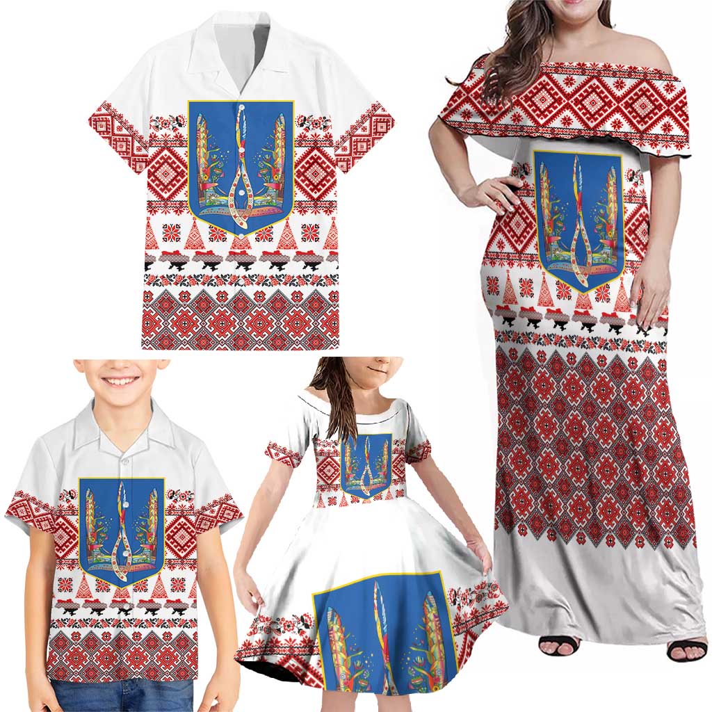Ukraine Merry Christmas Family Matching Off Shoulder Maxi Dress and Hawaiian Shirt Ukraine Emblem and Vyshyvanka Xmas Style - Wonder Print Shop