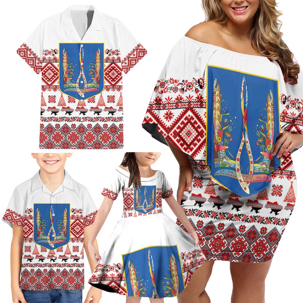 Ukraine Merry Christmas Family Matching Off Shoulder Short Dress and Hawaiian Shirt Ukraine Emblem and Vyshyvanka Xmas Style - Wonder Print Shop