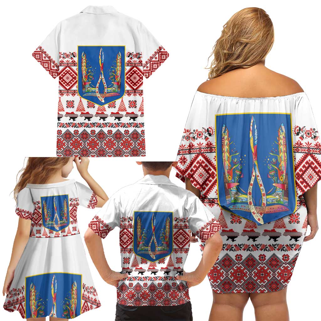 Ukraine Merry Christmas Family Matching Off Shoulder Short Dress and Hawaiian Shirt Ukraine Emblem and Vyshyvanka Xmas Style - Wonder Print Shop