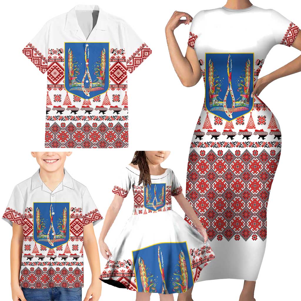 Ukraine Merry Christmas Family Matching Short Sleeve Bodycon Dress and Hawaiian Shirt Ukraine Emblem and Vyshyvanka Xmas Style - Wonder Print Shop