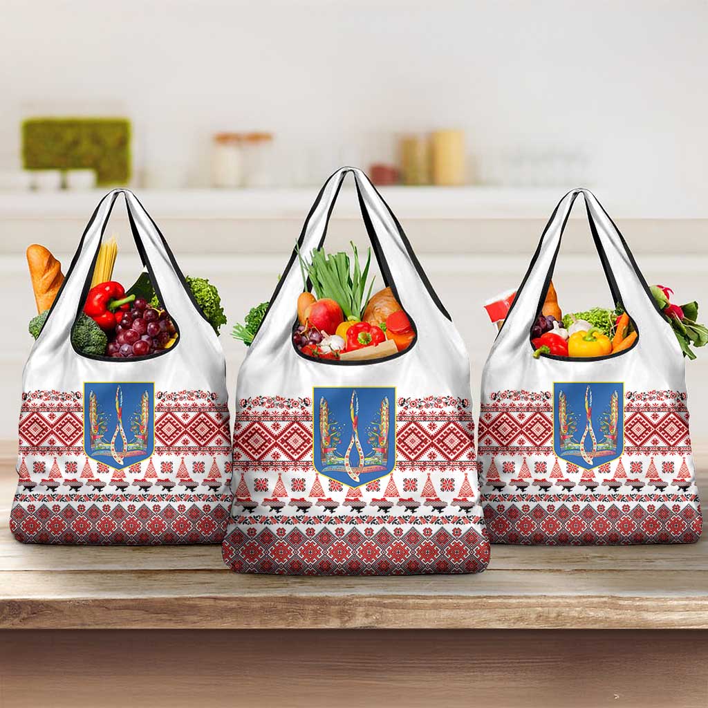 Ukraine Merry Christmas Grocery Bag Ukraine Emblem and Vyshyvanka Xmas Style - Wonder Print Shop